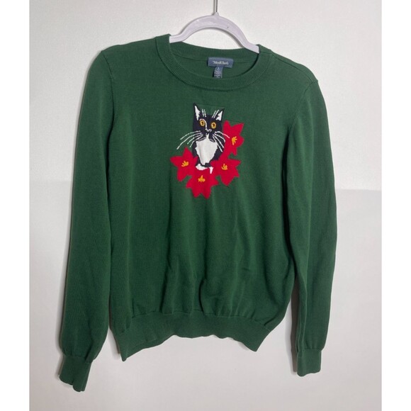 ModCloth Sweater Womens Large Green Purring in Poinsettia Graphic Pullover Cat - Picture 1 of 11